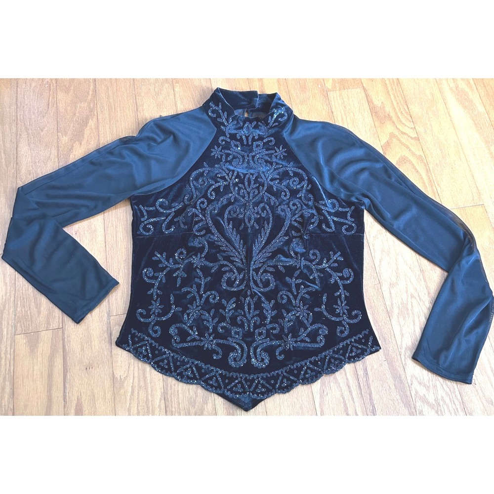 MSK Black Velvet Whimsgoth Y2K Boho Beaded Illusion Neck Sheer Sleeve Top Size M